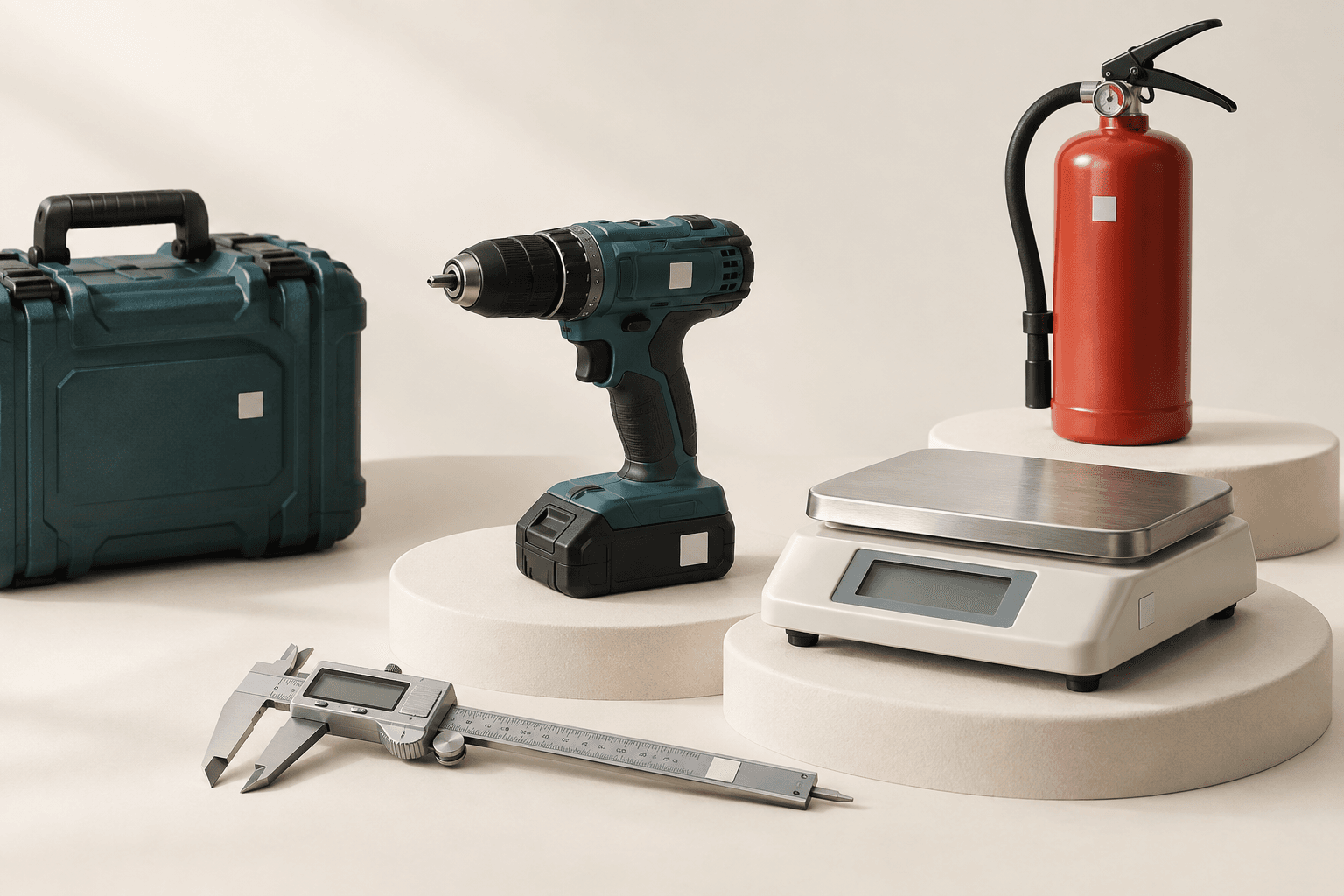 Perceuse, instruments de mesure, mallette et extincteur réunis sur un fond ivoire